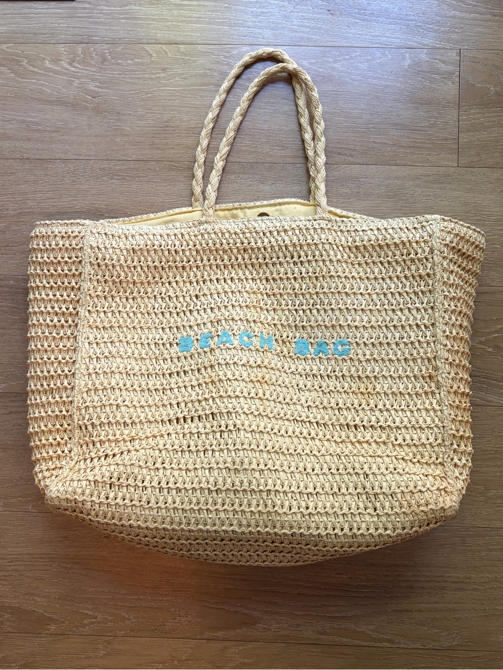 Natural Straw Beach Tote Bag w/ Blue Accent “Beach Bag”